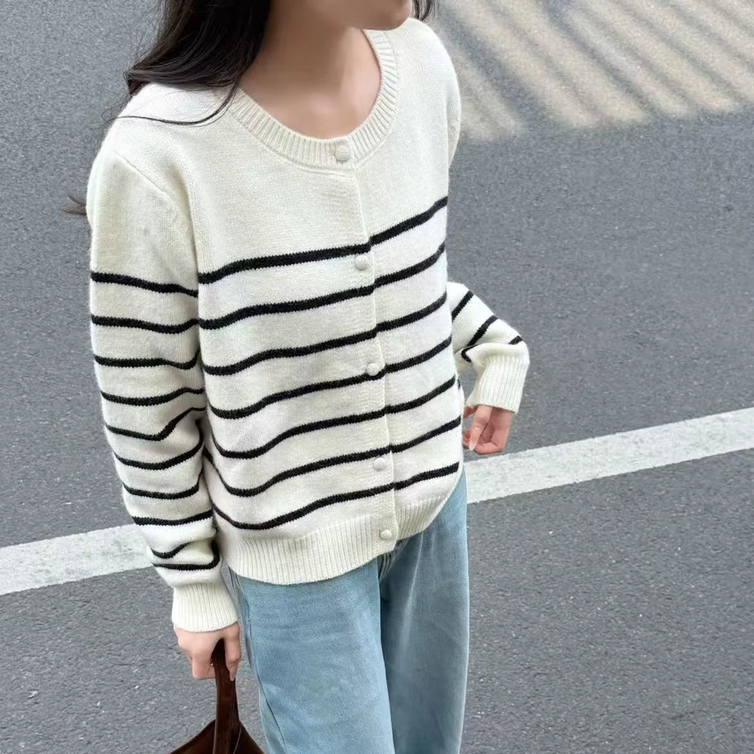 韩系撞色条纹羊毛针织开衫2025冬季新款女极简风百搭叠穿毛衣