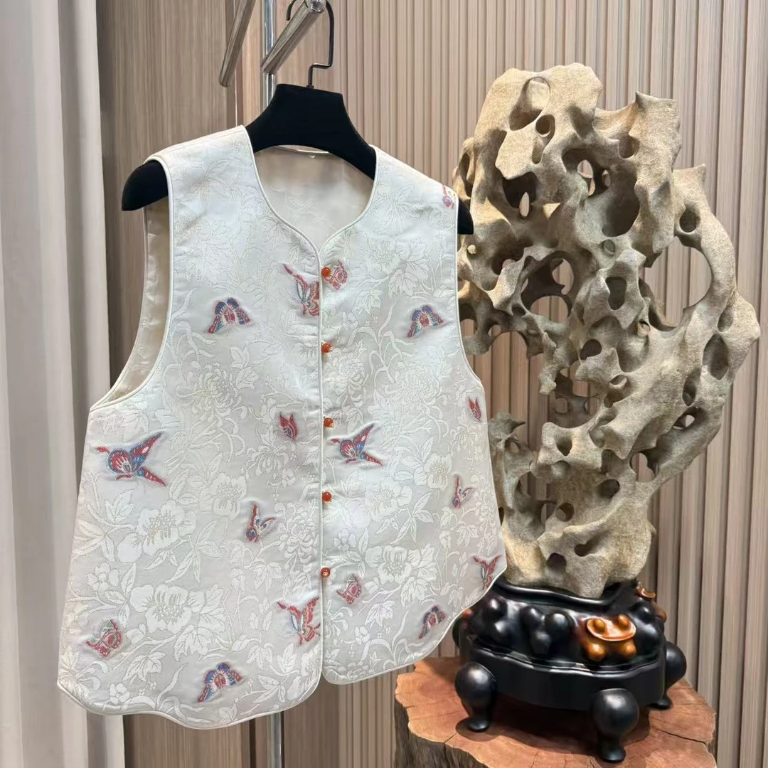 优雅风女蝴蝶提花圆领背心式马夹时尚印花无袖绣花