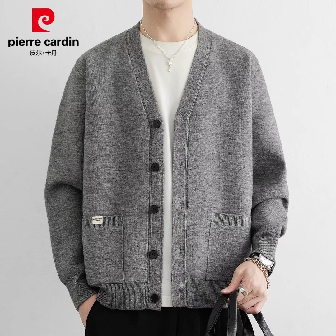 皮尔卡丹高端开衫毛衣男士秋季新款轻奢V领针织衫休闲外套男装