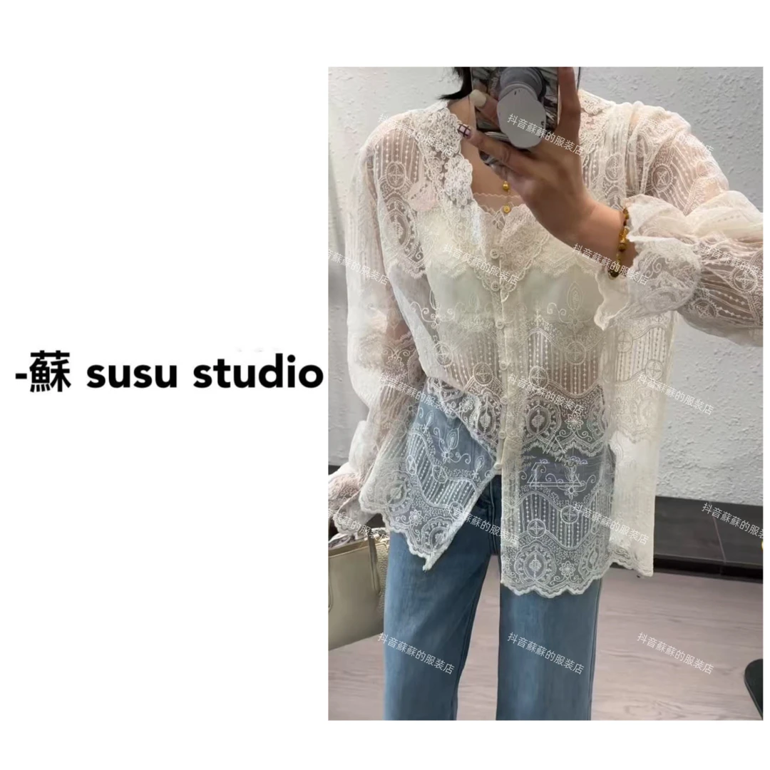 2025春夏新款镂空薄款宽松显瘦V领长袖蕾丝打底衫上衣X