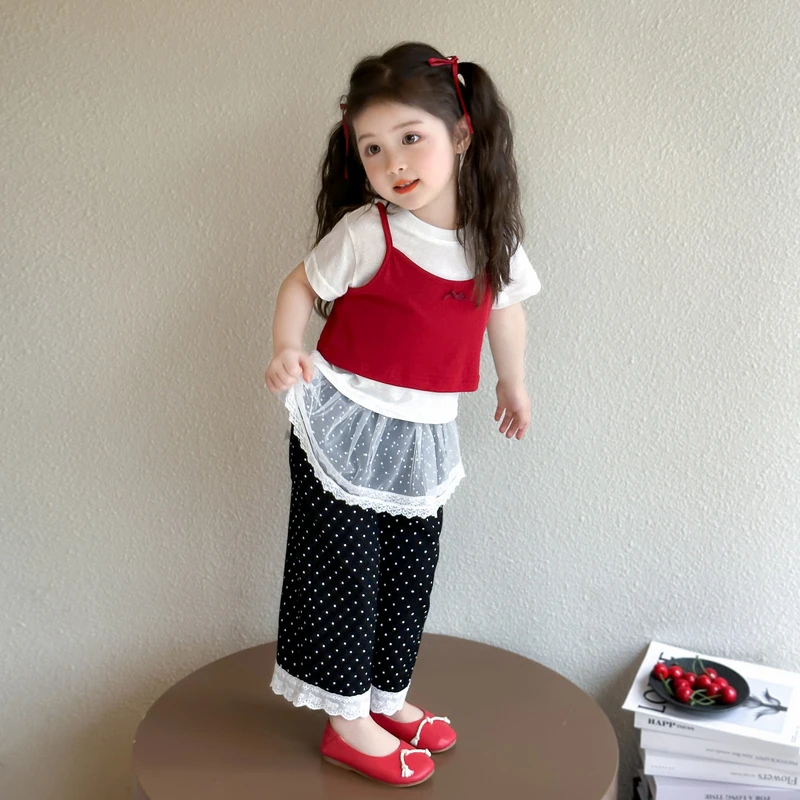女童夏季套装2025新款韩系炸街儿童超好看洋气圆点屁帘裤三件套.