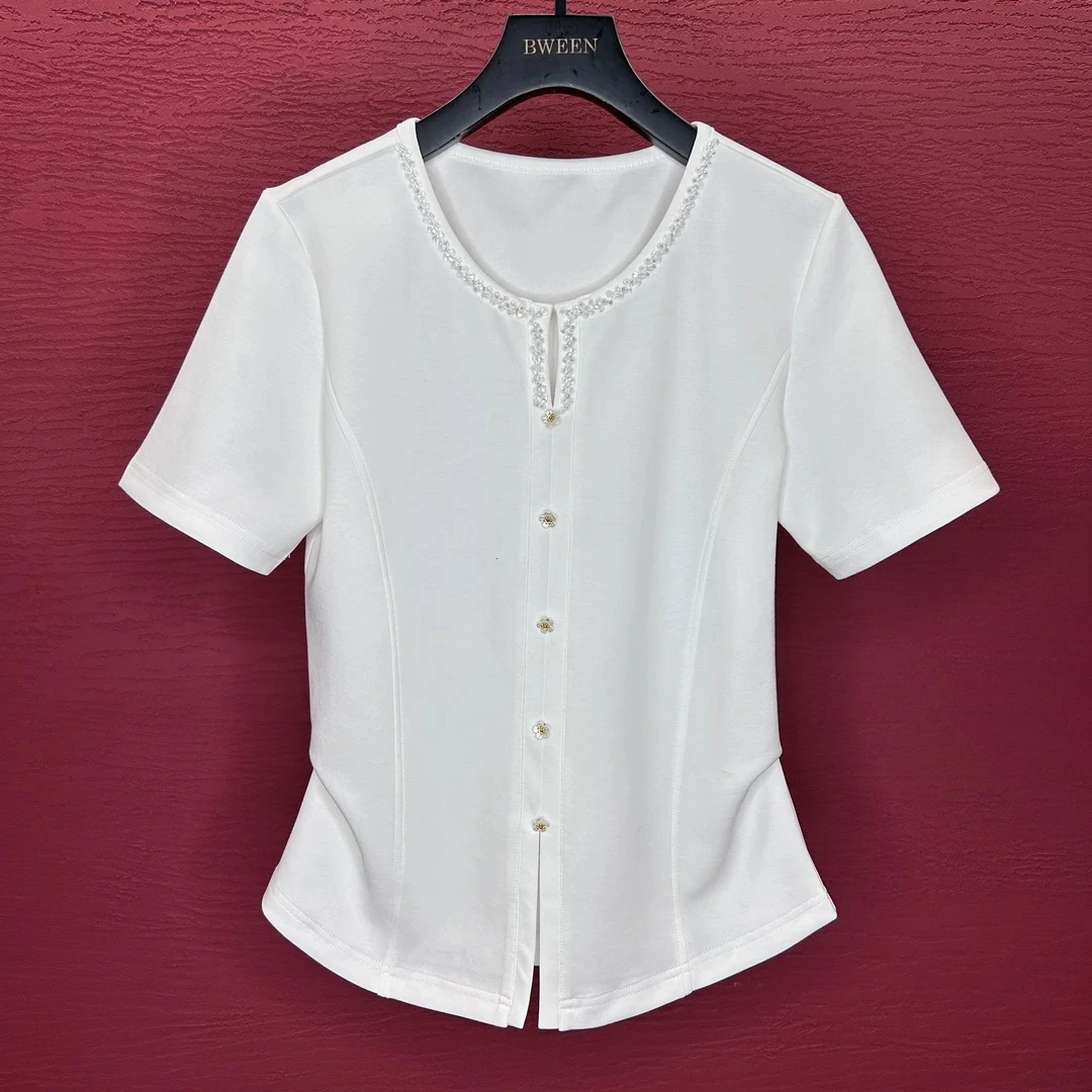 2025春夏新款显瘦小V领时尚钉珠女士短袖百搭休闲T恤