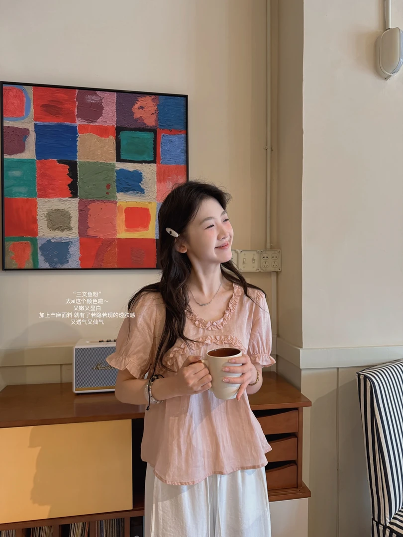 闵笑一【粉花苞Ⅱ】夏季上新温柔显瘦气质甜美设计感休闲上衣丨P848