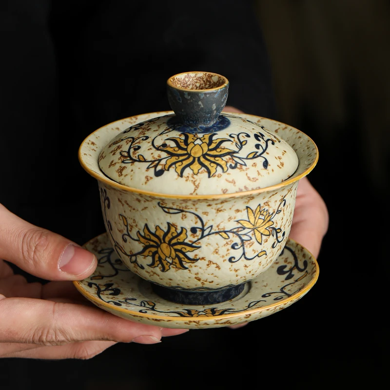 青花火石红三才盖碗陶瓷茶杯家用大号单个高档中式古风带盖泡茶碗