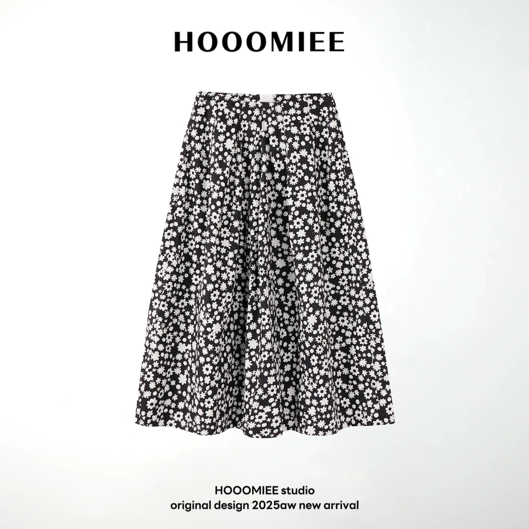 Hooomiee黑色碎花清凉夏日百搭显瘦女士半身裙253742