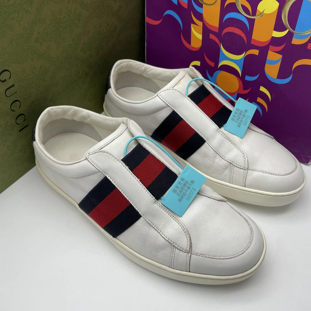 95新 GUCCI/古驰 41.5码/二手男士白色休闲时尚红绿织带板鞋