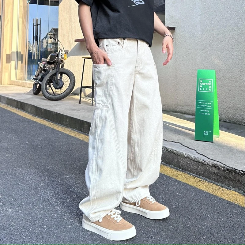 美式高街潮牌个性弯刀裤男痞帅大口袋水洗牛仔裤夏季宽松直筒潮流