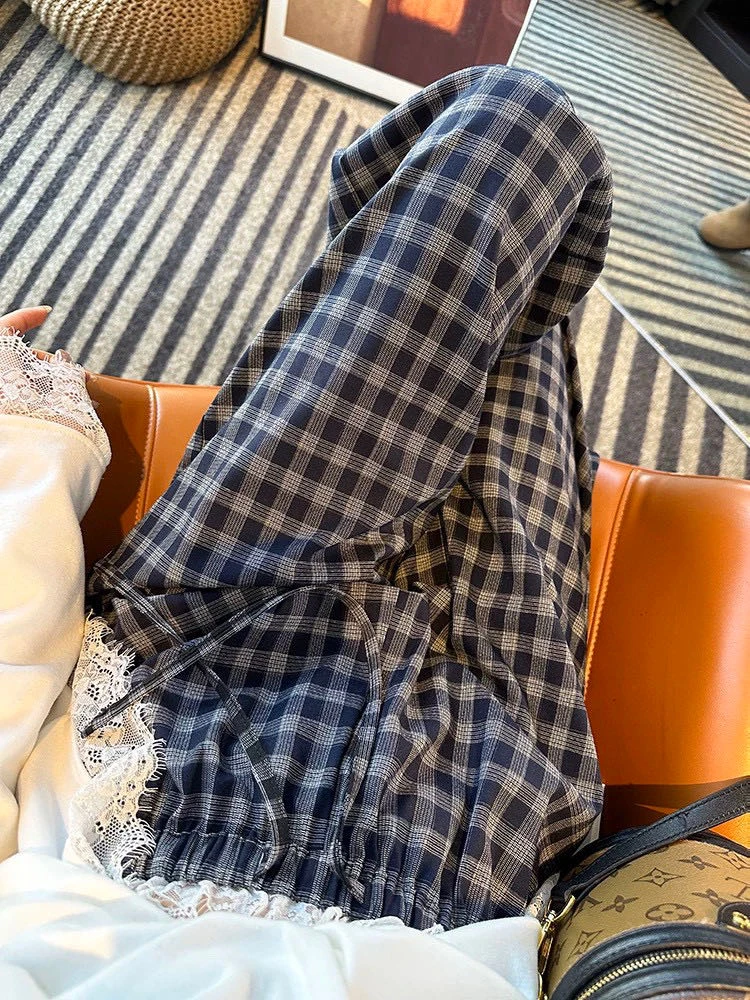 【Halo】look*2025夏季新款洋气蕾丝边松紧腰格子休闲裤