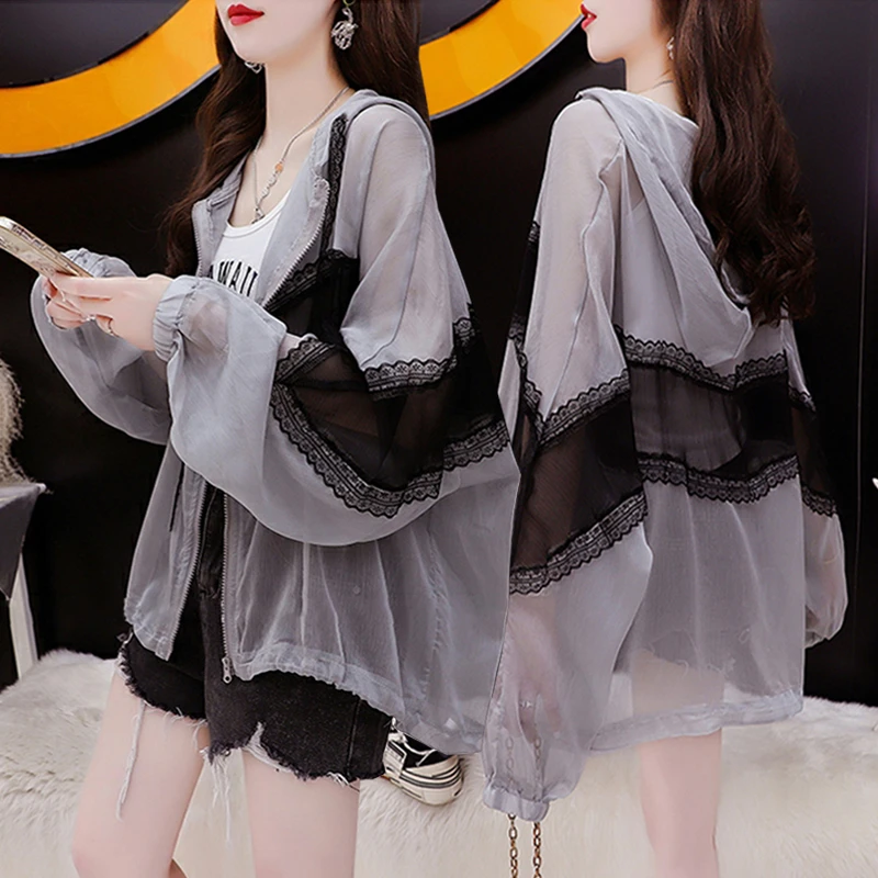 胖mm大码蕾丝拼接防晒衣连帽外套女2025夏季新款设计感开衫上衣服