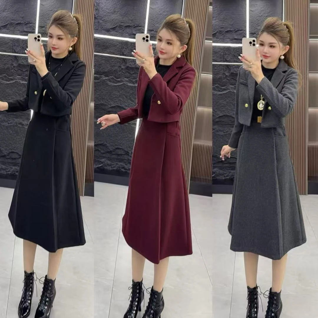 秋冬5046 气质显瘦翻领上衣外套 加 拼接连衣裙 两件套