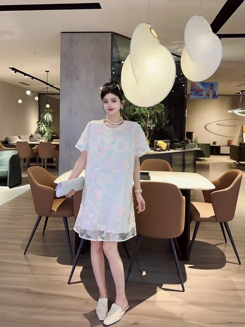 紫色新中式旗袍提花针织亮片气质中长裙百搭薄款圆领蓝色5183