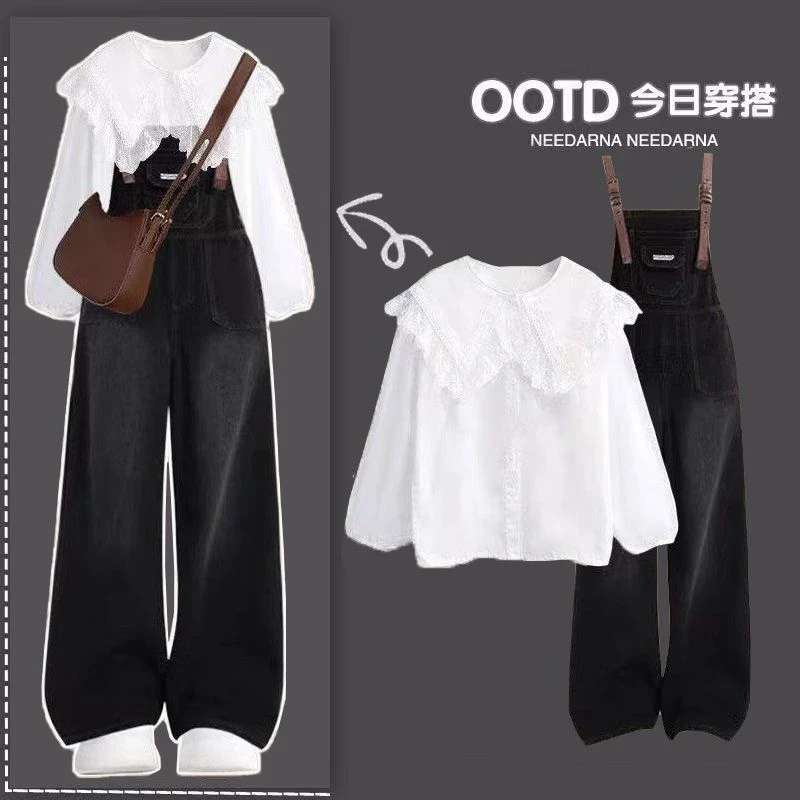 2025春季套装女学生韩版宽松学院风娃娃领衬衫+背带裤洋气两件套