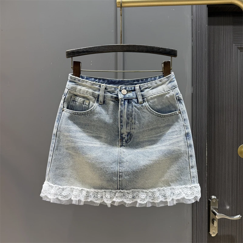 2025夏季新款减龄设计感蕾丝花边拼接牛仔短裙时髦甜酷半身裙女