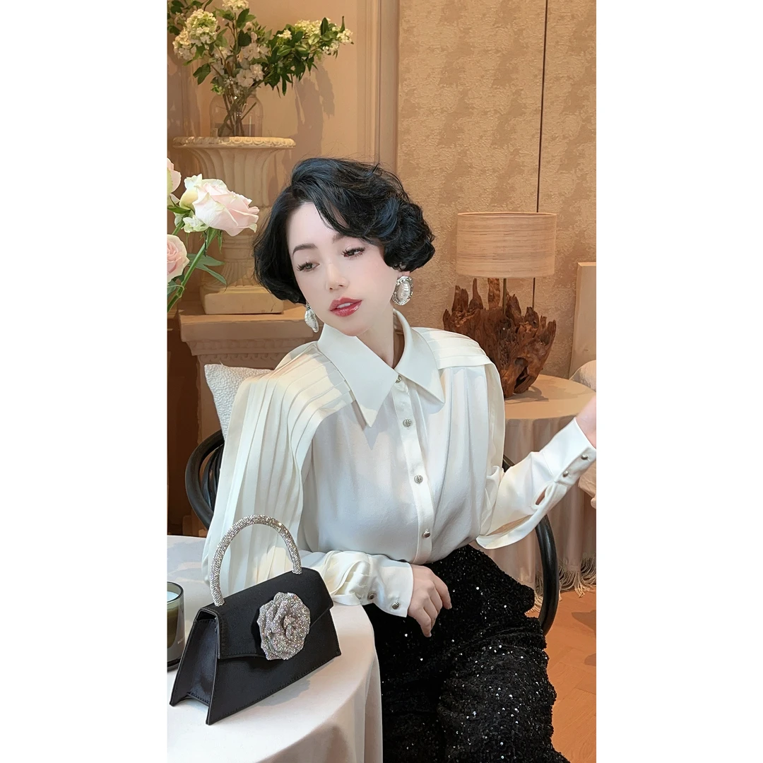 LYXJ【馥郁芬芳】春季法式设计感不规则优雅长袖轻奢百搭衬衫10786