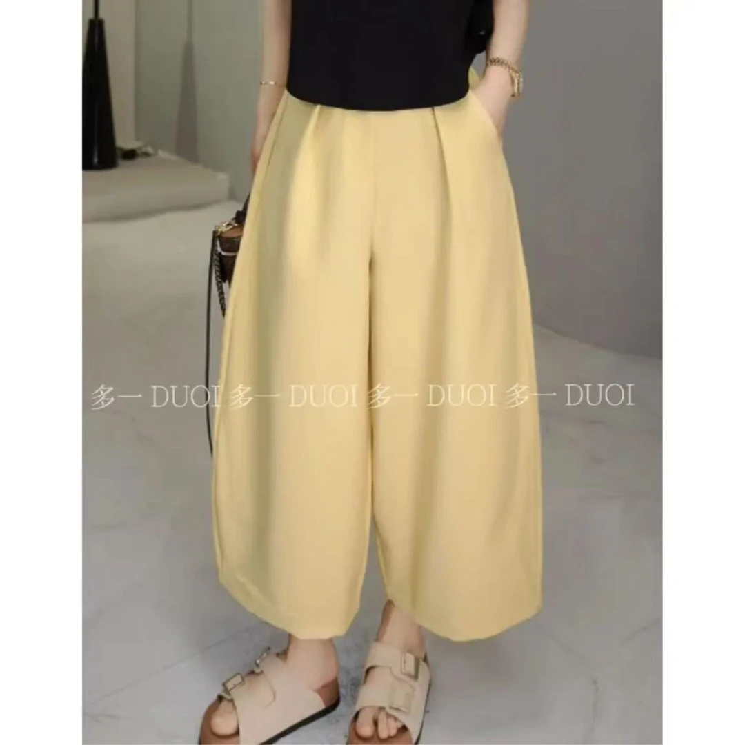 多一"花苞奶奶裤"2025夏季简约纯色百搭半松紧腰小个子休闲阔腿裤