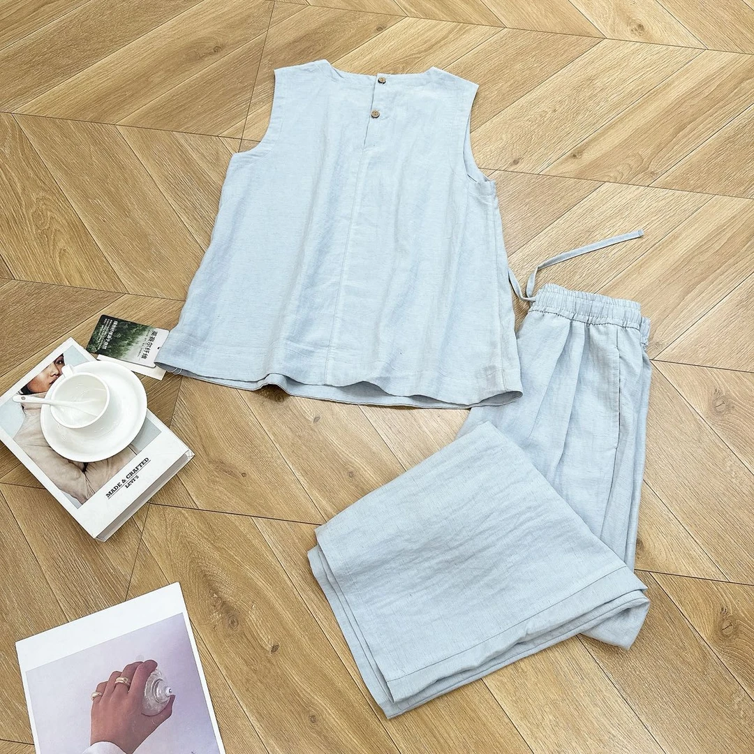 夏季新款韩版休闲简约风纯色无袖亚麻套装慵懒风阔腿两件套女