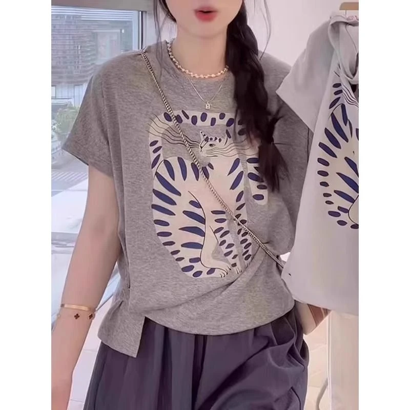 95%棉小猫印花正肩短袖t恤女夏季宽松设计感侧扣收腰显瘦半袖上衣