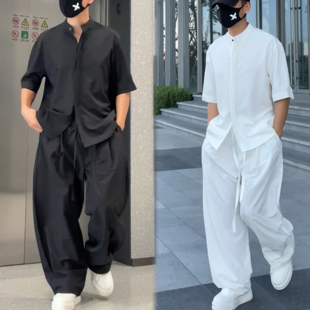 夏季薄款冰丝凉感套装男女同款宽松纯色衬衣百搭垂感休闲裤两件套