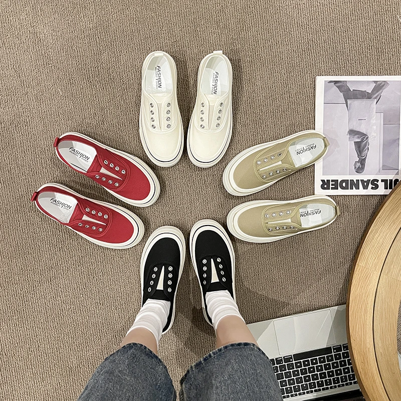 百搭一脚蹬小白鞋增高厚底休闲帆布鞋女2025春秋款圆头运动板鞋女