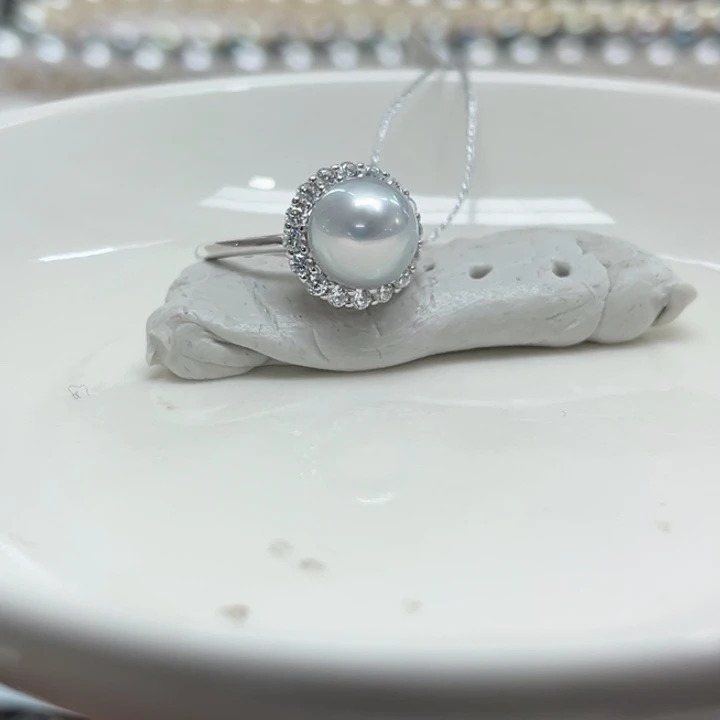 银S925镶嵌戒指海水珍珠8-9mm49号