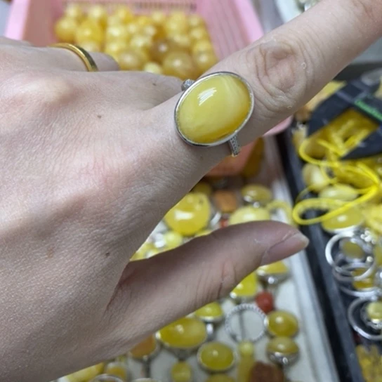 蜜蜡裸石银S925镶嵌戒指