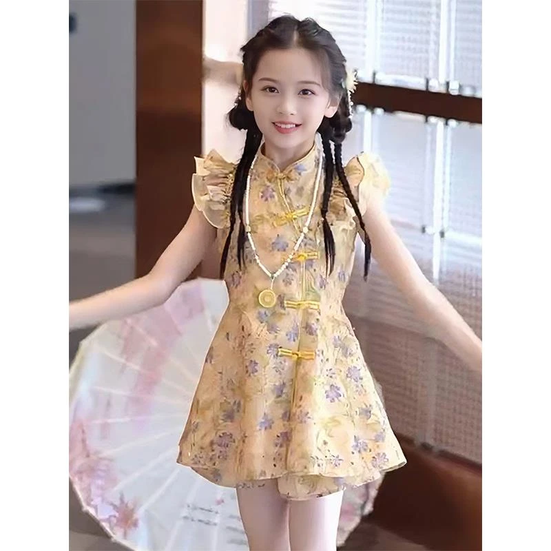 女童飞袖旗袍套装夏季2025新款儿童新中式夏装女孩国