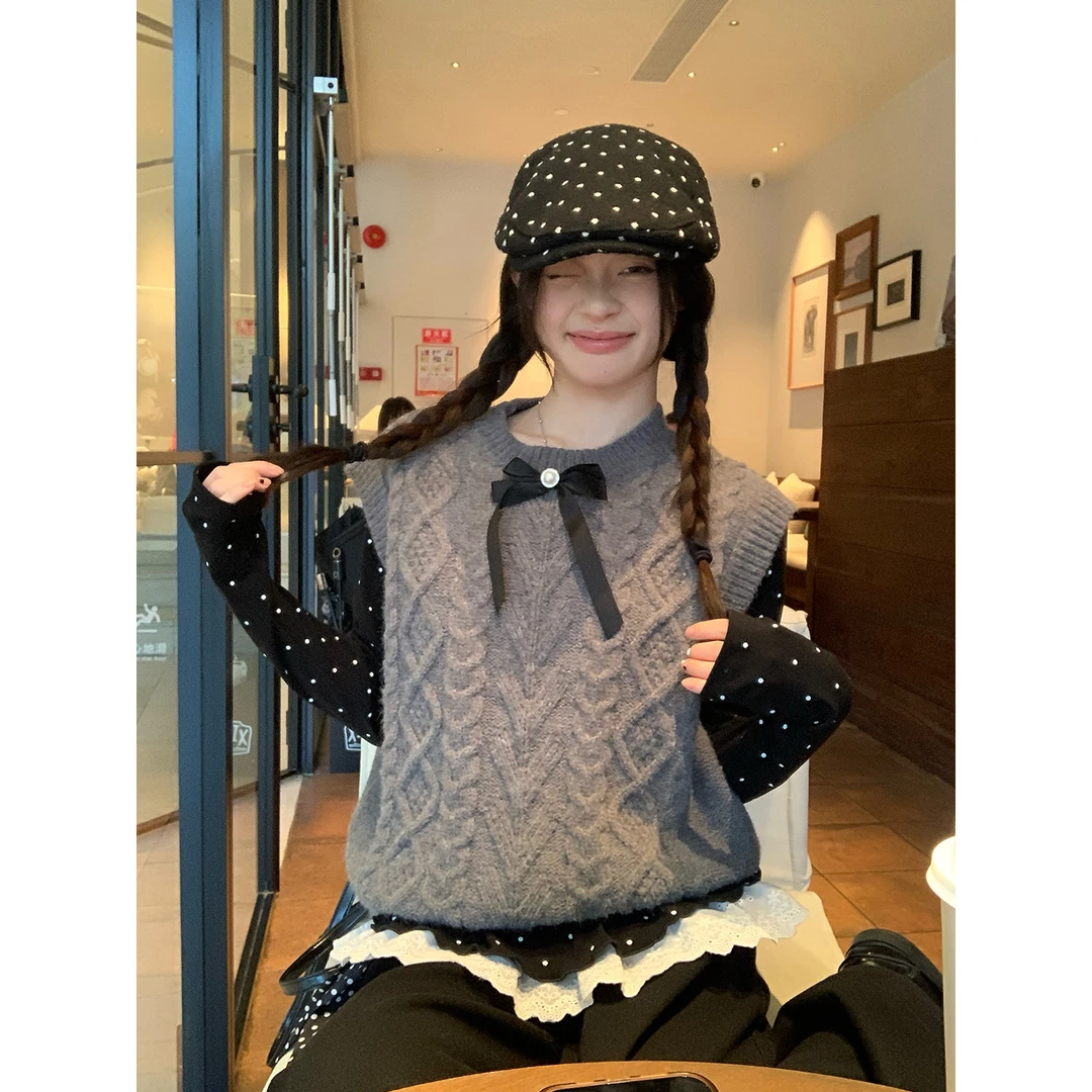 宋正恩12/29 10:00AM质感灰色菱格纹蝴蝶结装饰宽松针织马ST2958