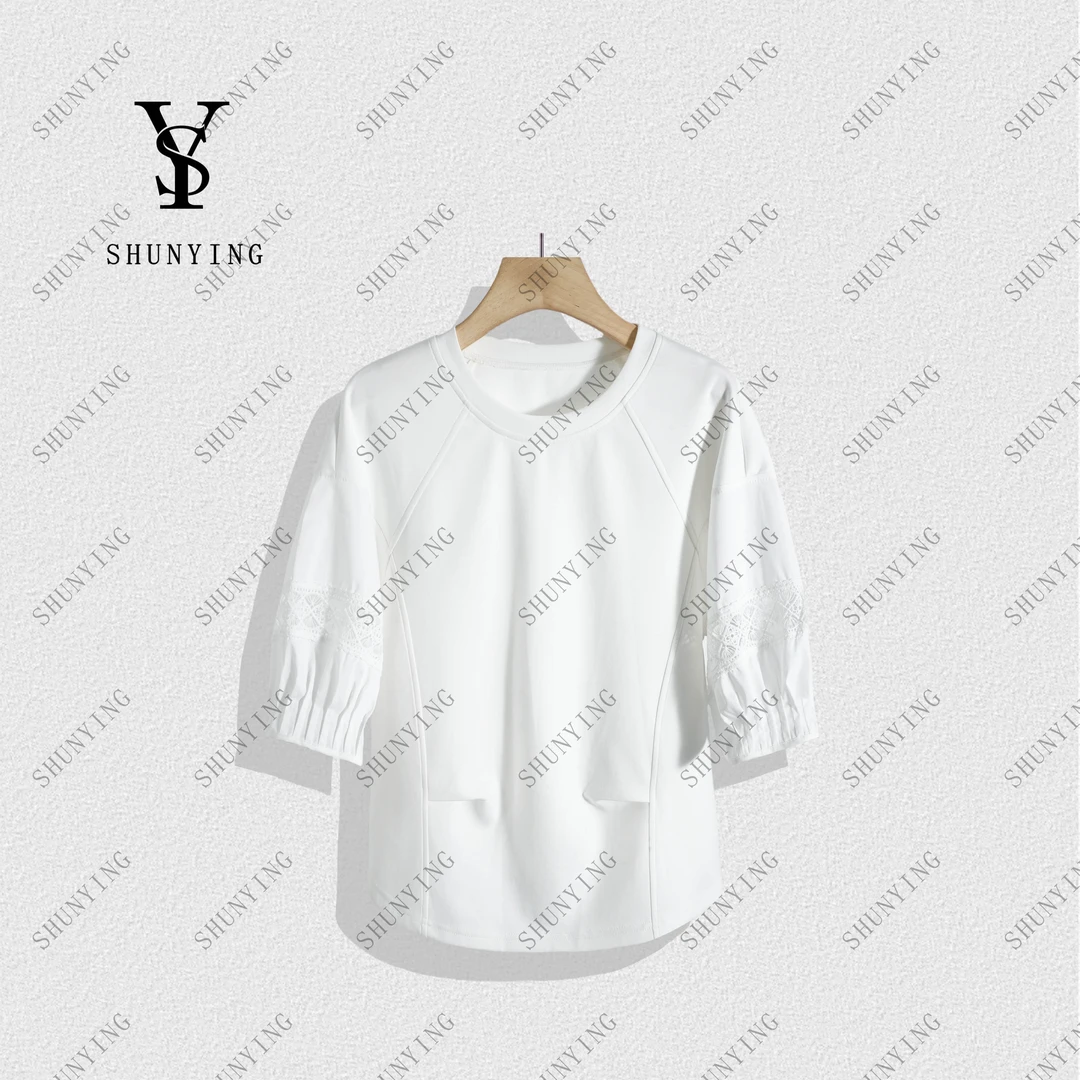 【顺瀛】温柔又显白~时尚百搭圆领宽松显瘦拼接蕾丝钩花T恤SY72T199