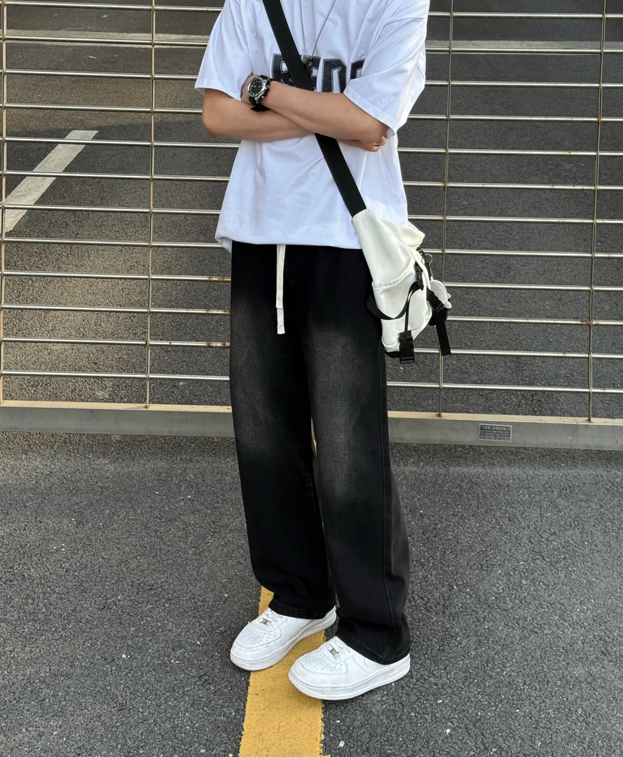 牛仔裤男士秋冬款黑色美式裤子男裤男生宽松ins直筒裤长裤百搭