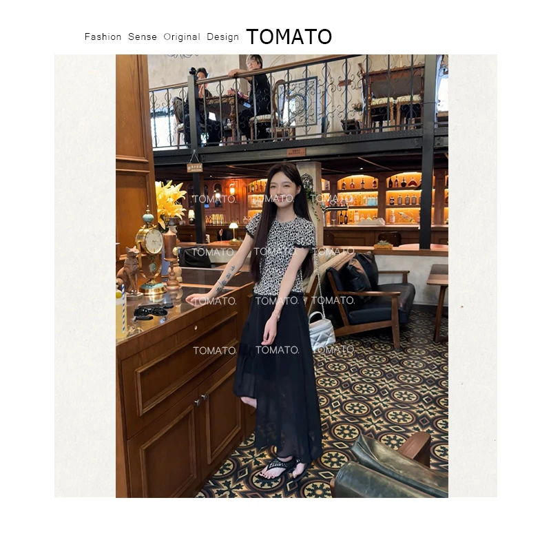 【TomaTo】巴莉 夏季韩版圆领复古豹纹拼接蕾丝短袖T恤C25T060103
