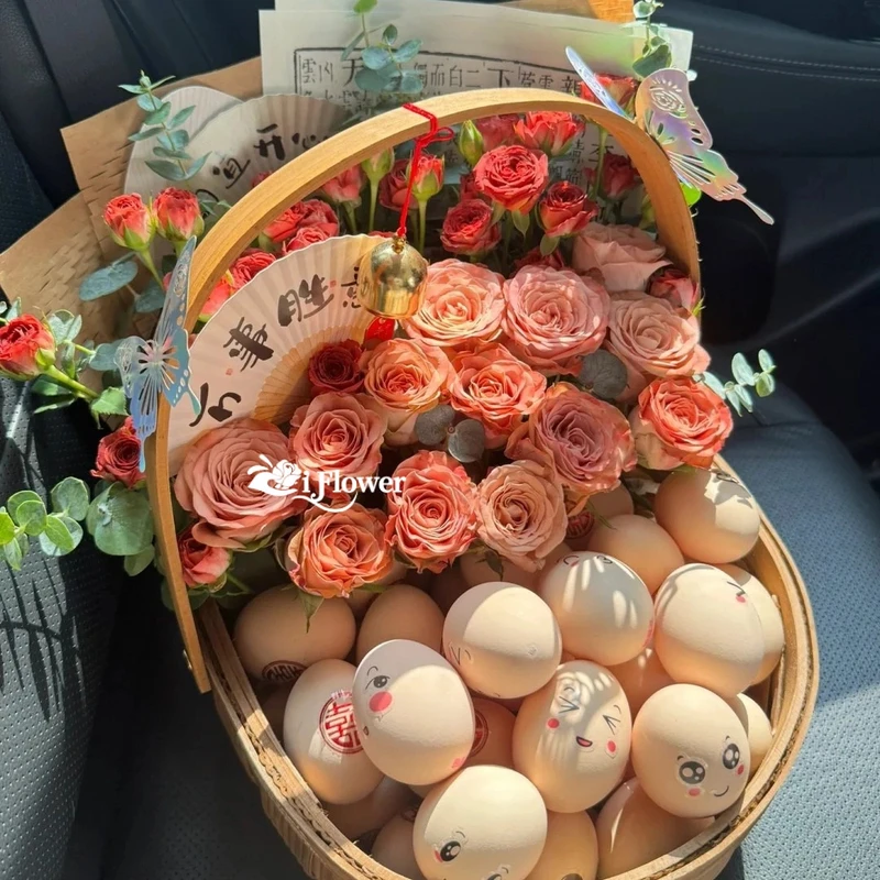 月子鸡蛋花束鲜花店订购小时达的同城免费配送花上门团购手提花篮