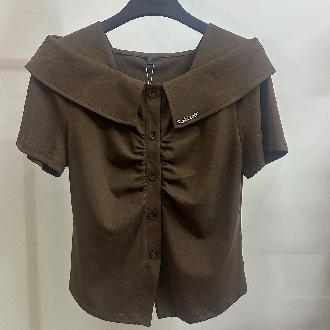 荷叶领短袖t恤女夏季2025新款洋气修身小衫减龄短款褶皱上衣