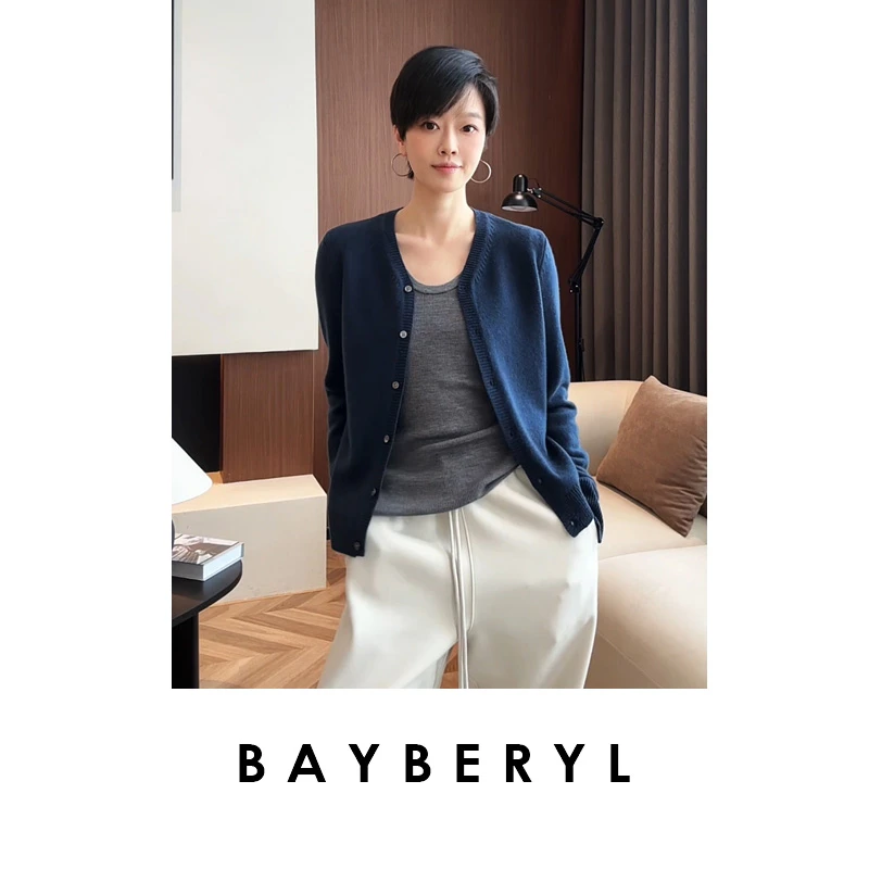 FF-BAYBERYL老贝杜维埃蓝*V领排扣羊毛25秋针织开衫ZZS5F1602