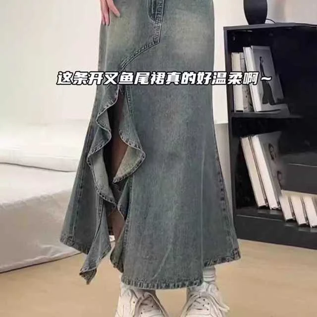 复古开叉牛仔半身裙女春夏高腰大码胖MM显瘦中长款a字鱼尾包臀裙