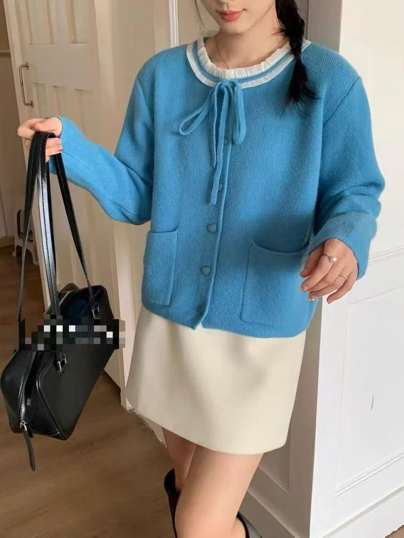 【梓清】百搭网红上衣女装春秋毛衣气质蓝色短款时尚宽松娃娃领