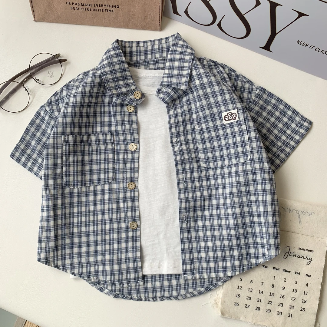 【棉烊格子短袖衬衫】中小童简约百搭夏季韩系儿童短袖衬衣