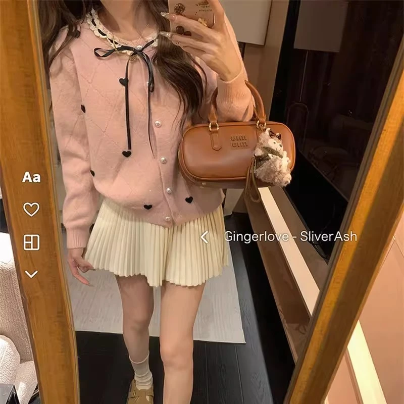 韩系爱心蕾丝圆领蝴蝶结单排扣针织开衫女秋冬新款减龄上衣外套潮