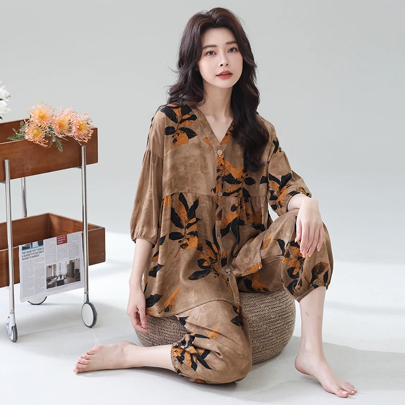 夏季薄款睡衣家居服套装夏天棉绸两件套印花宽松开衫上衣大码