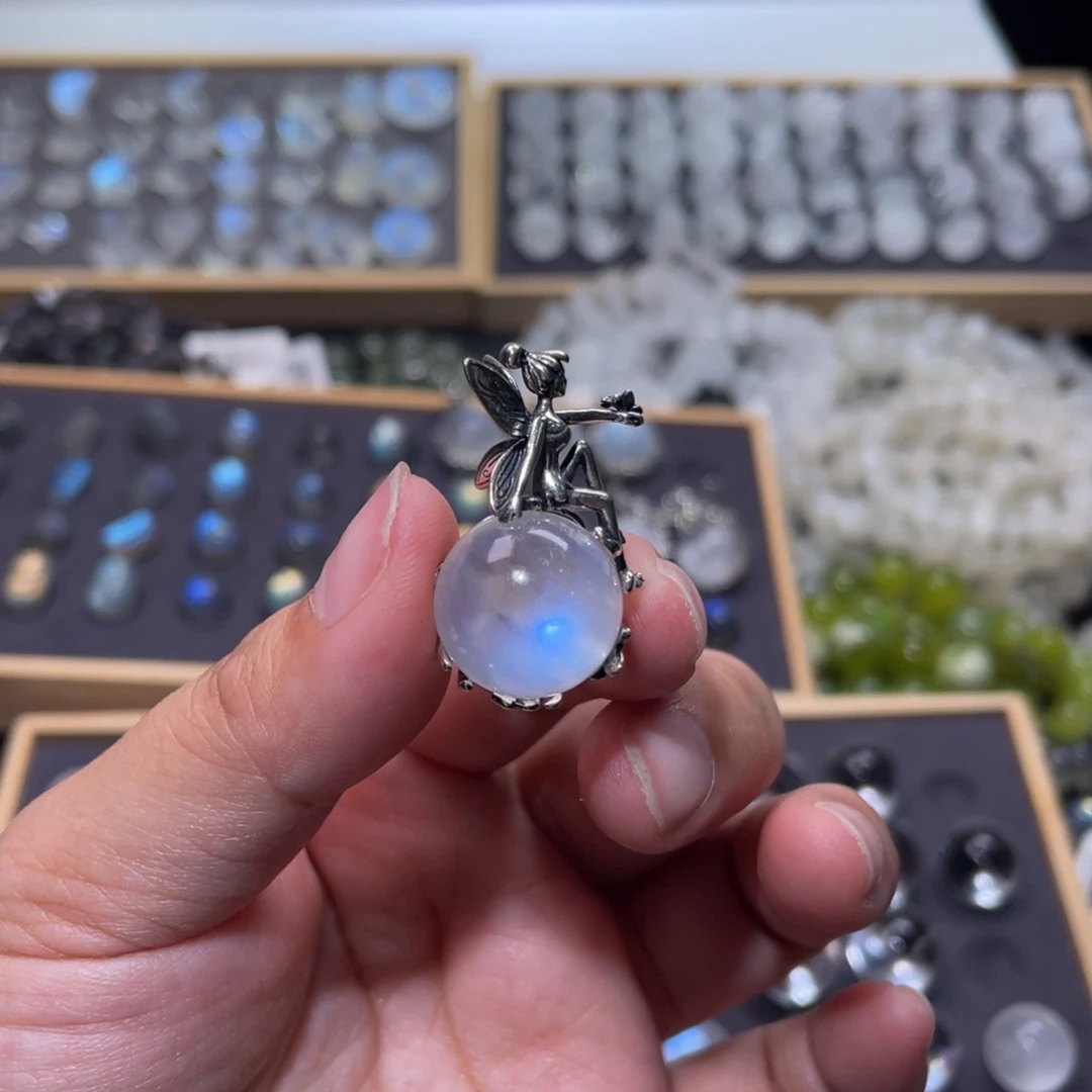 月光石颈饰银S925镶嵌P****e蓝月光吊坠