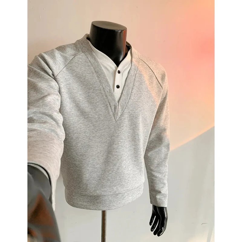 假两件亨利领v领重磅质感卫衣男款春秋日系复古潮牌痞帅宽松外套