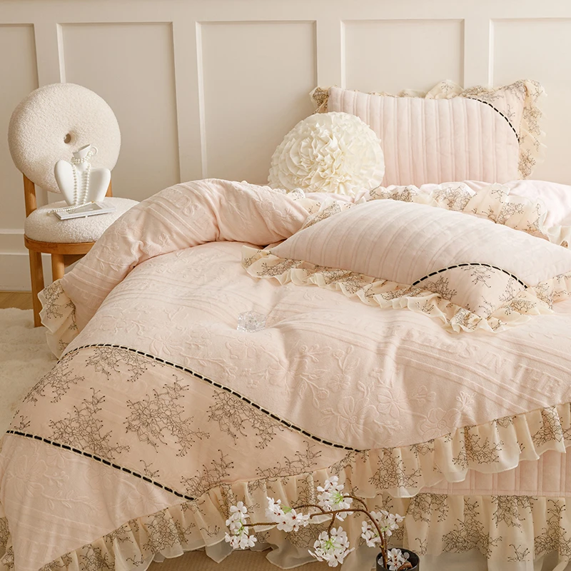 法式公主风牛奶绒四件套冬季珊瑚绒加绒加厚被套双面夹棉毛绒床单