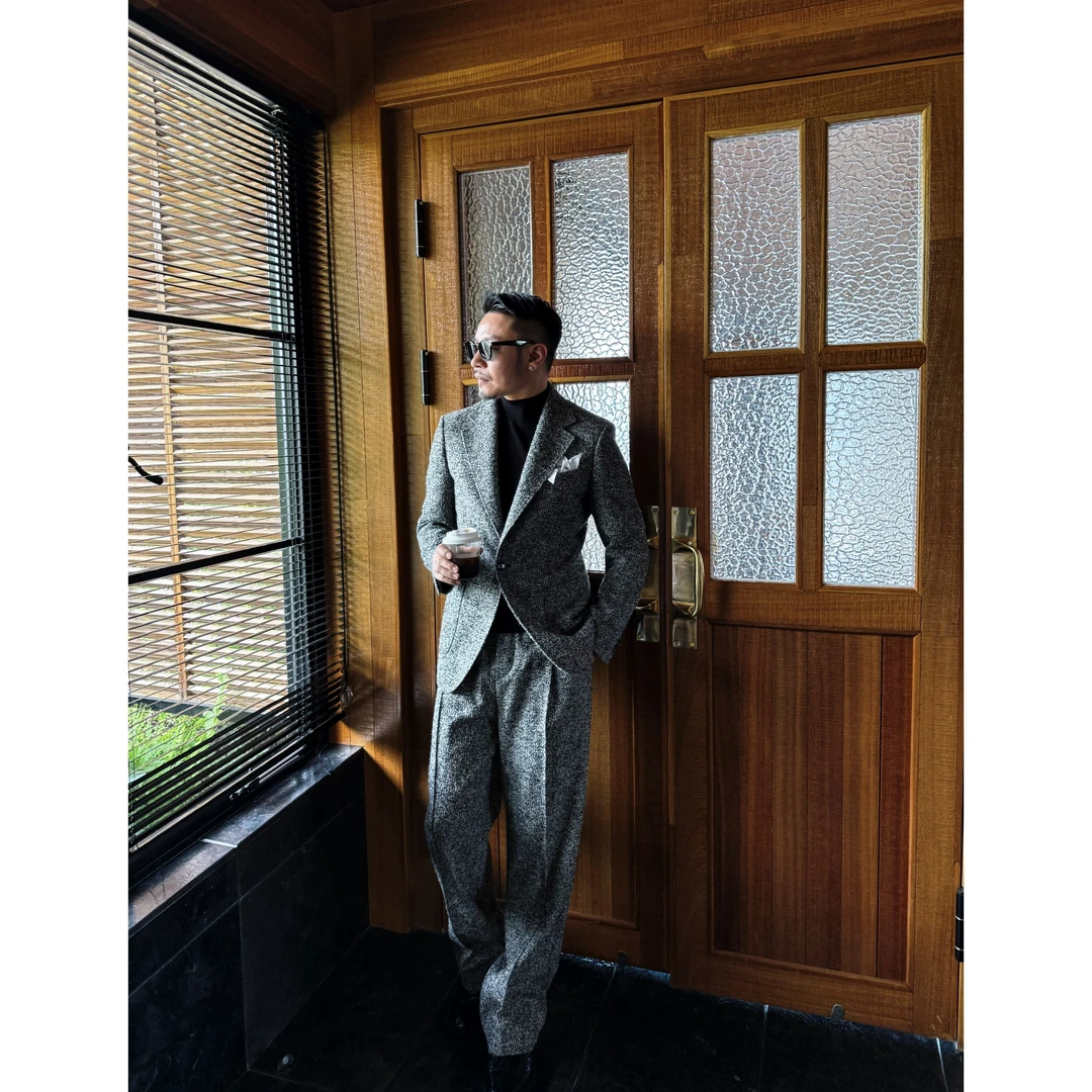 DRUNKCORNER 【格雷主义】套装人字纹雪花灰平驳领西服双褶西裤