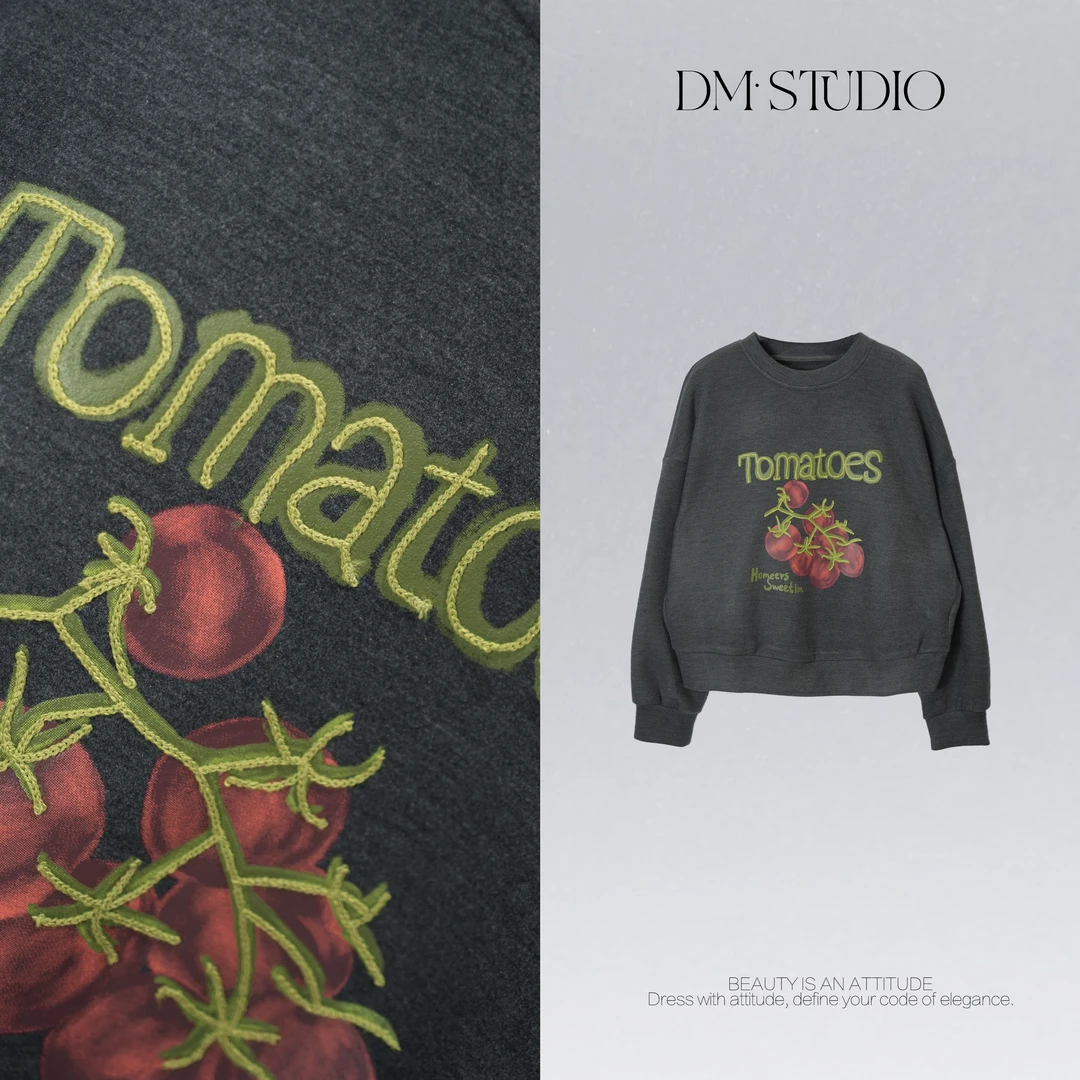 DEDM•STUDIO/气质小众百搭番茄印花圆领套头休闲卫衣2510WY/5192