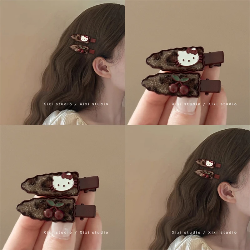 樱桃小猫！复古红豹纹发夹！侧边刘海夹前额碎发无痕夹头饰盘发器