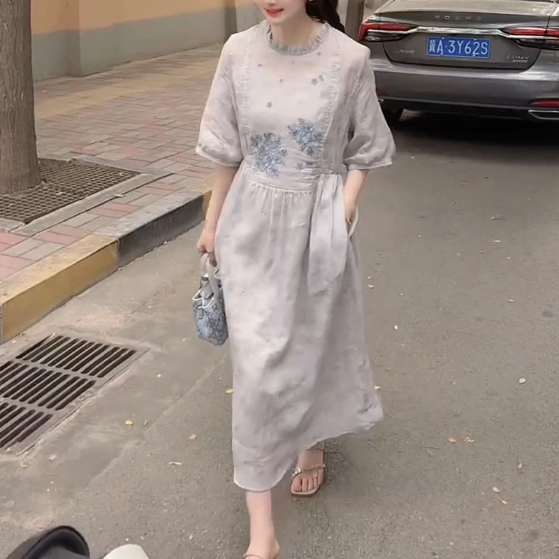 2025夏季爆款刺绣时尚气质中袖连衣裙女宽松显瘦新中式减龄中长裙