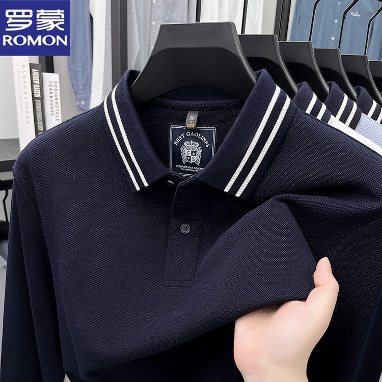 罗蒙新款男士撞色翻领长袖Polo衫时尚休闲百搭宽松商务T恤衫上衣