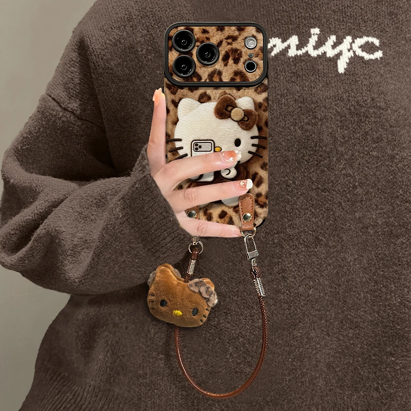 豹纹比耶猫咪适用苹果17/16可爱苹果15/13挂绳Xr大视窗羊皮