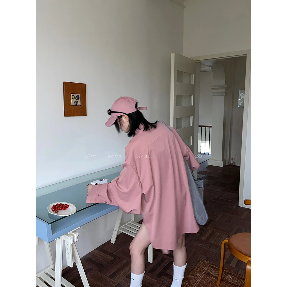 VUMP【夕阳下/春款上新】纯色简约经典显瘦廓形长袖粉色衬衫外套女