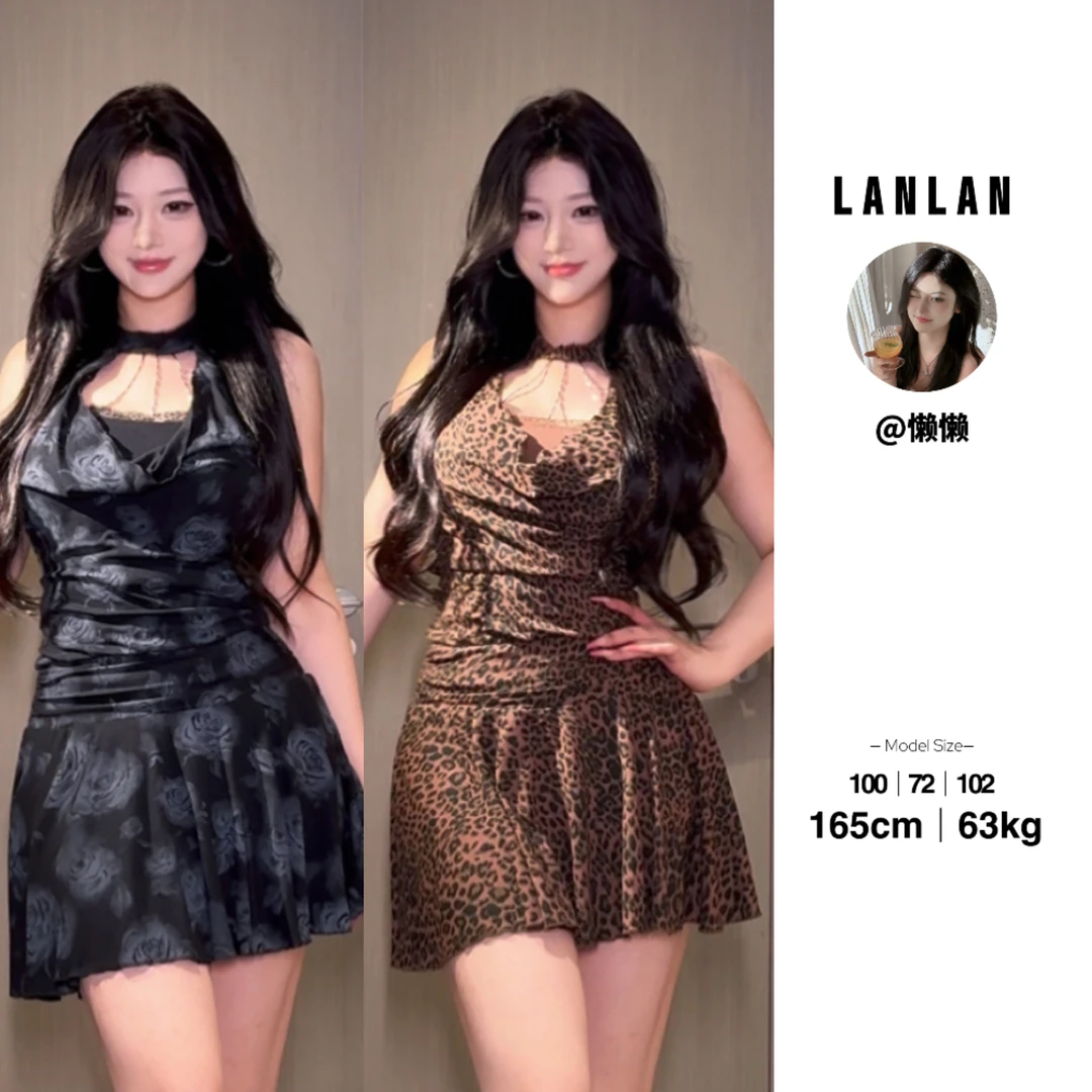 Lanlan-【豹纹】法式气质豹纹挂脖连衣裙短裙显瘦时尚连衣裙