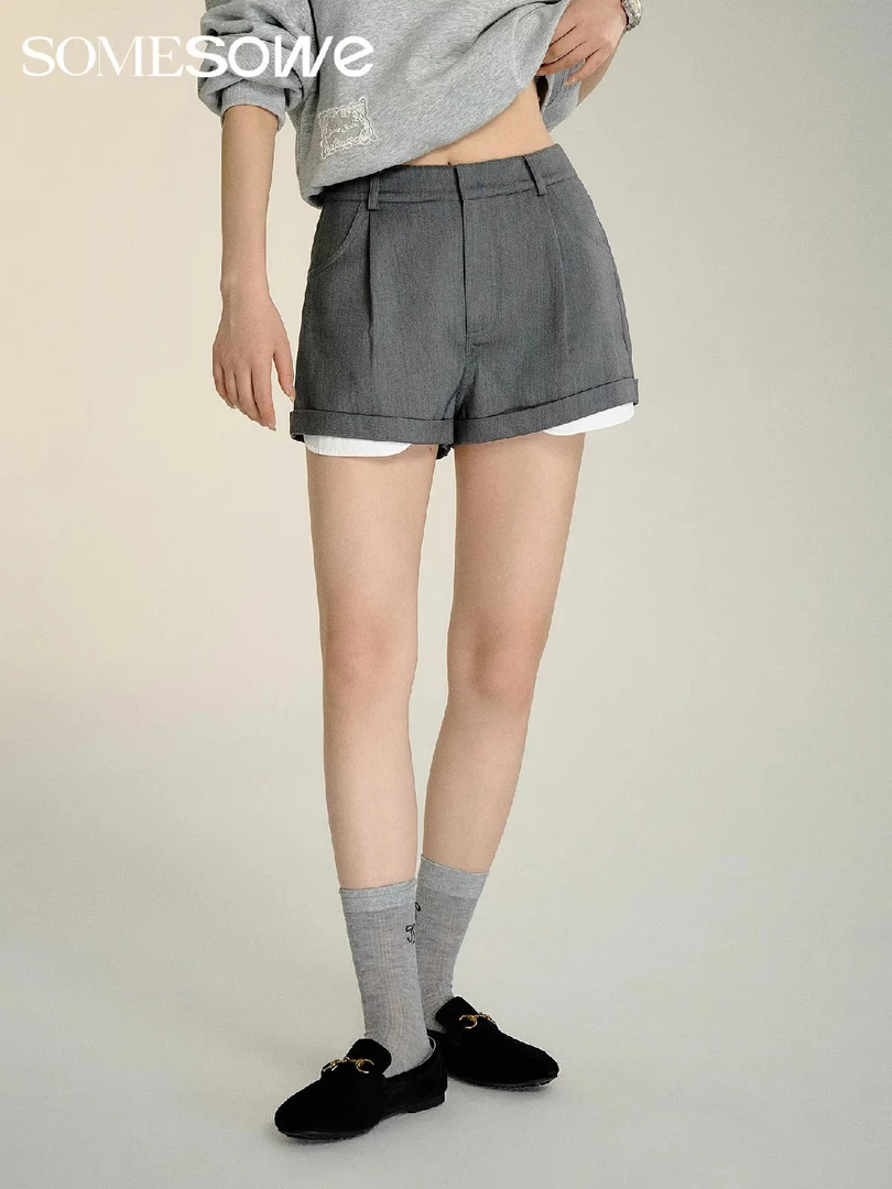 SOMESOWE买手店设计师假两件休闲拼接短裤高腰宽松灰色阔腿裤女